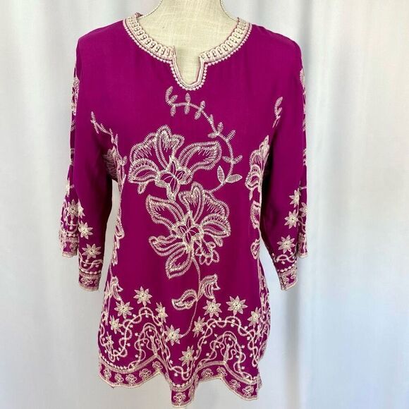 Solitaire Embroidered Top Boho Women’s Small  Handcrafted Fuchsia Pink Tunic - Picture 1 of 10